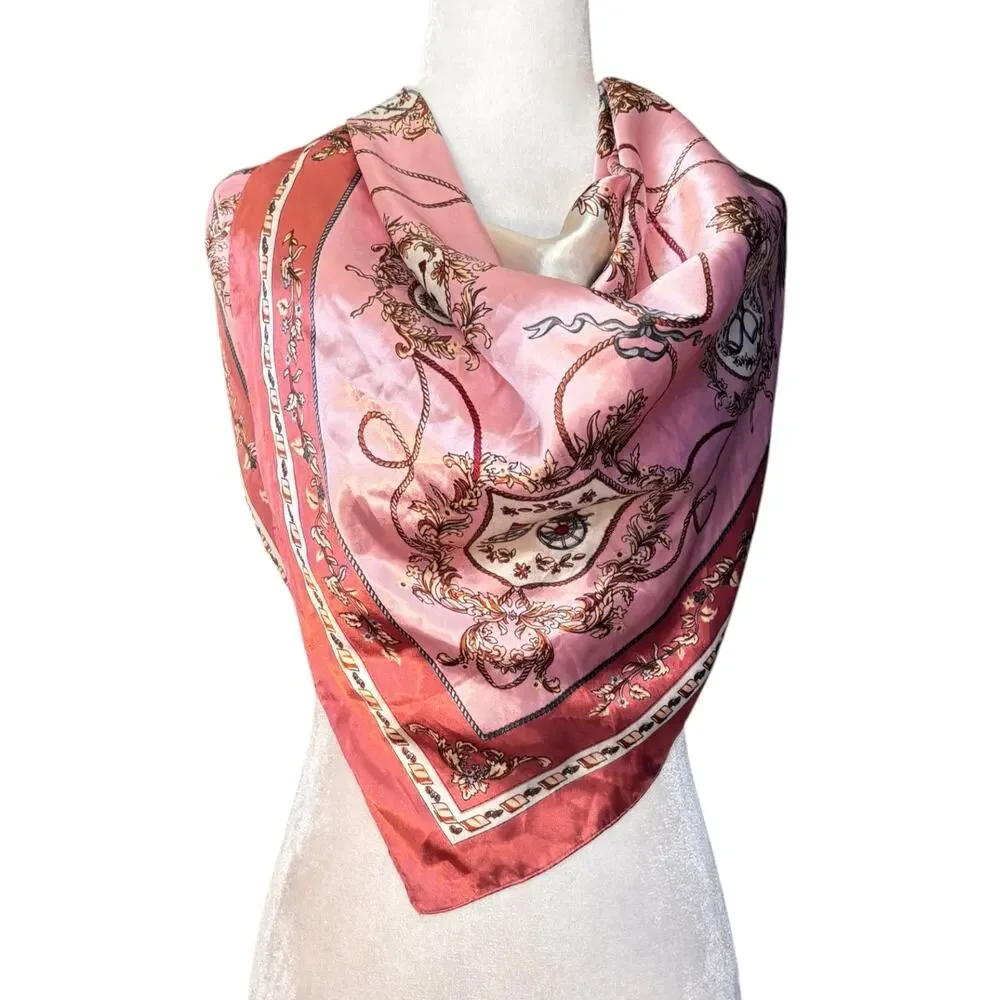 Pink Equestrian Novelty Print Square Scarf Satiny Romantic Horse Girl Accessory